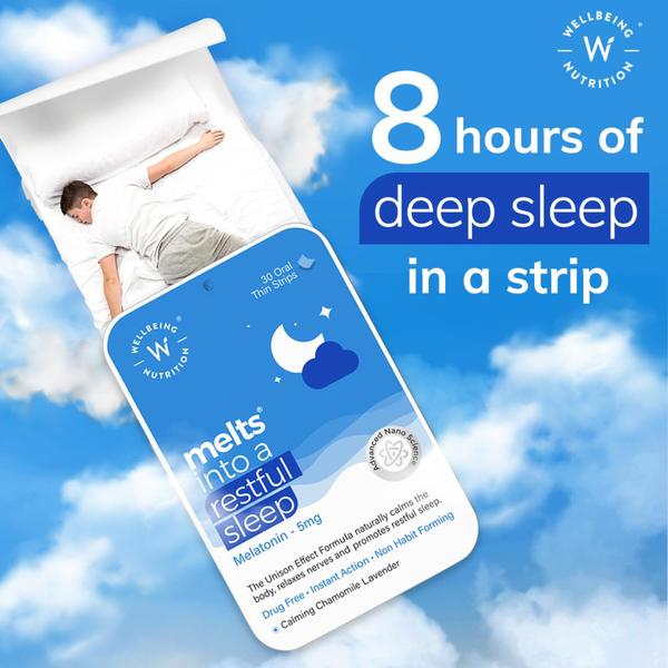 A 1:1 ratio graphic showing a person sleeping on a floating bed in the clouds, with the product packaging highlighted as the key to deep rest.